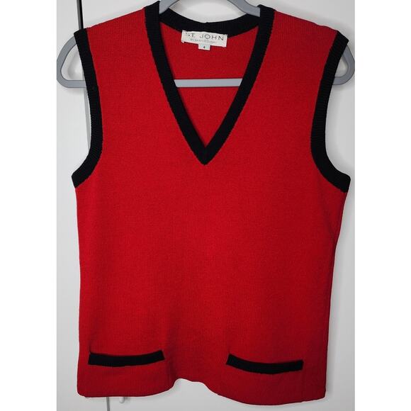 St. John Red and Black V-Neck Sweater Vest, Size 4 - Picture 1 of 5
